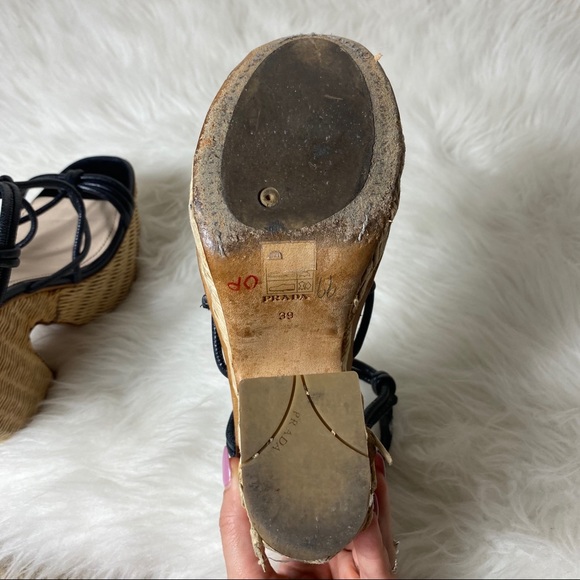 Prada Knotted Leather Wicker Platform Wedge Heels - Picture 13 of 14